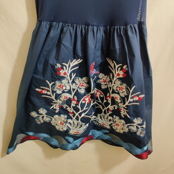 FOR ME Blue Multicolored Embroidered Design Hem Sleeveless Mesh Zip Up Dress M - Picture 3 of 9